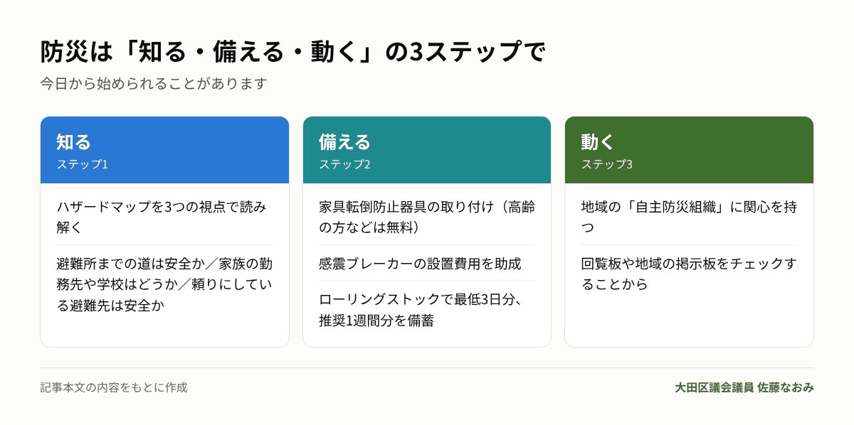防災の3ステップ 知る・備える・動く